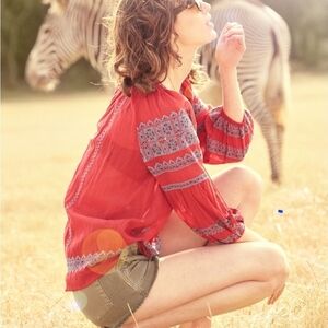 Joie Red Peasant Boho Blouse With Blue Embroidery Med